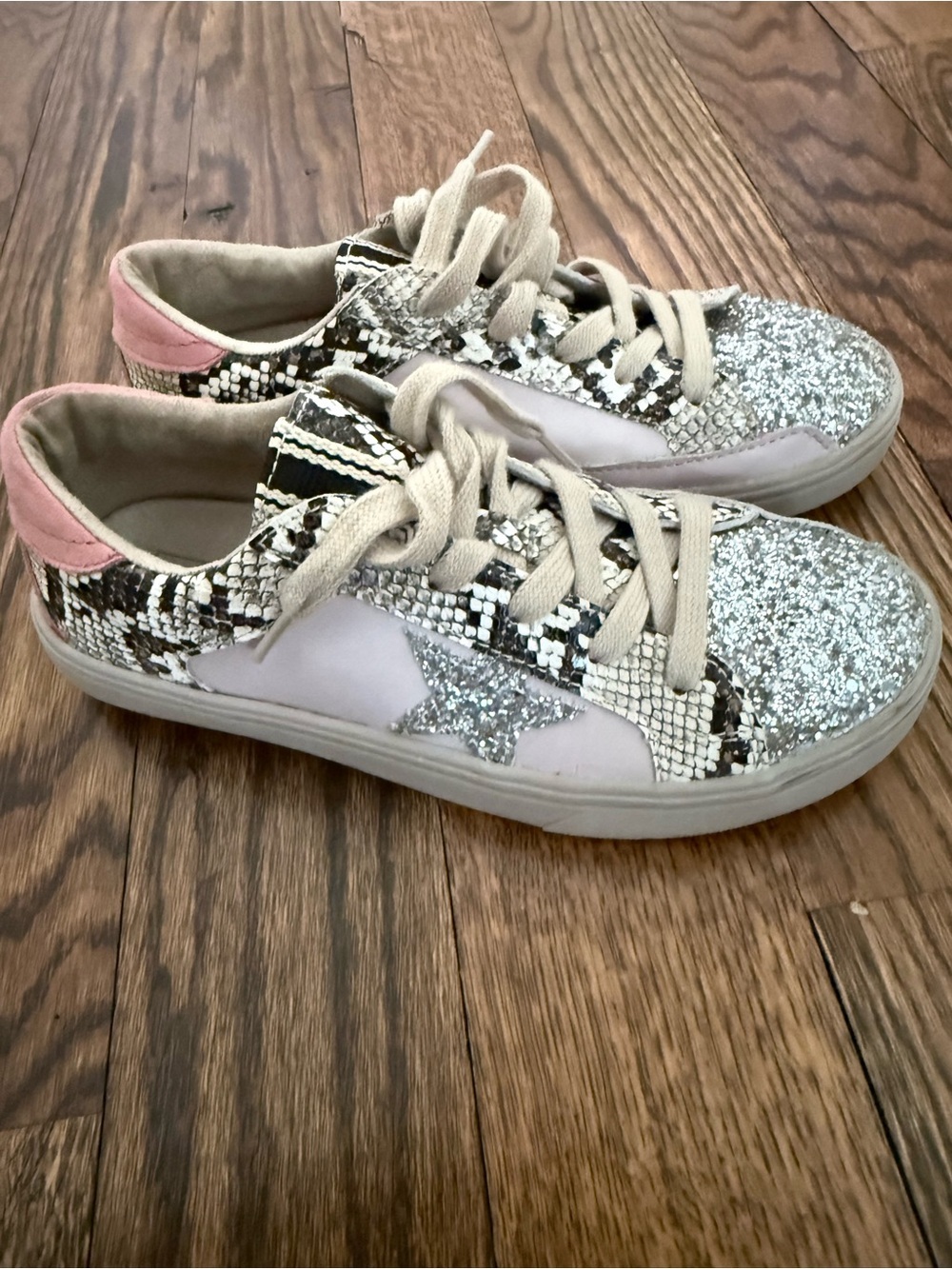 ShuShop Silver Glitter Star Sneakers with Pink Heel